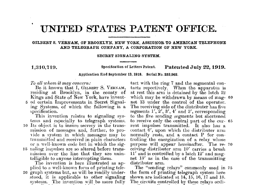 Gilbert S. Vernam Secret Signaling System Patent